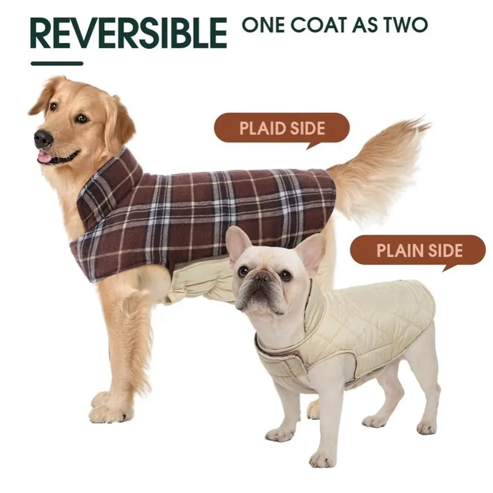 Kuoser  Warm Dog Coat Reversible Dog Jacket Waterproof Brown Plaid Size L‎